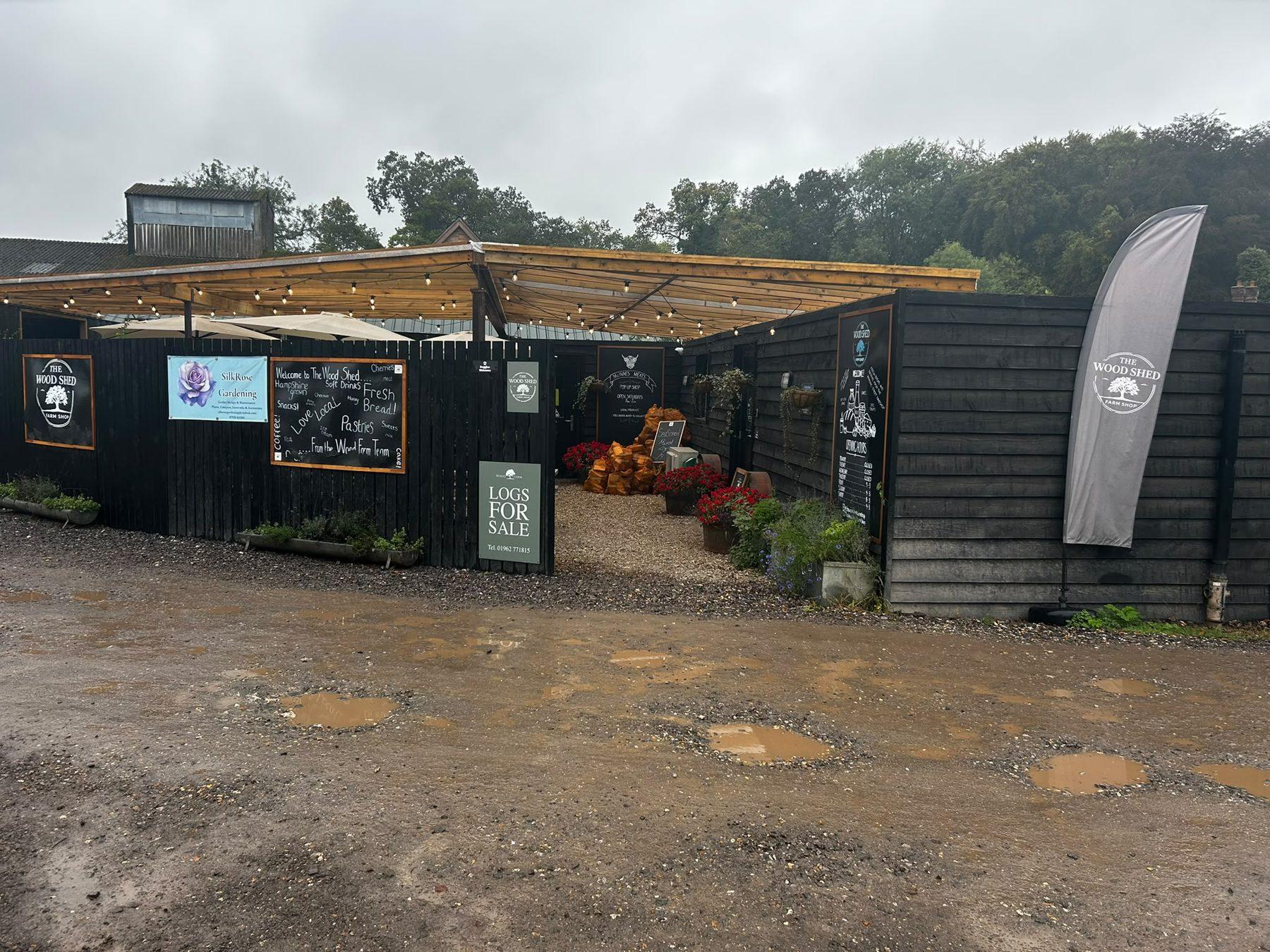 The entrance to The Wood Shed Farm Shop at Wood Farm, Bramdean