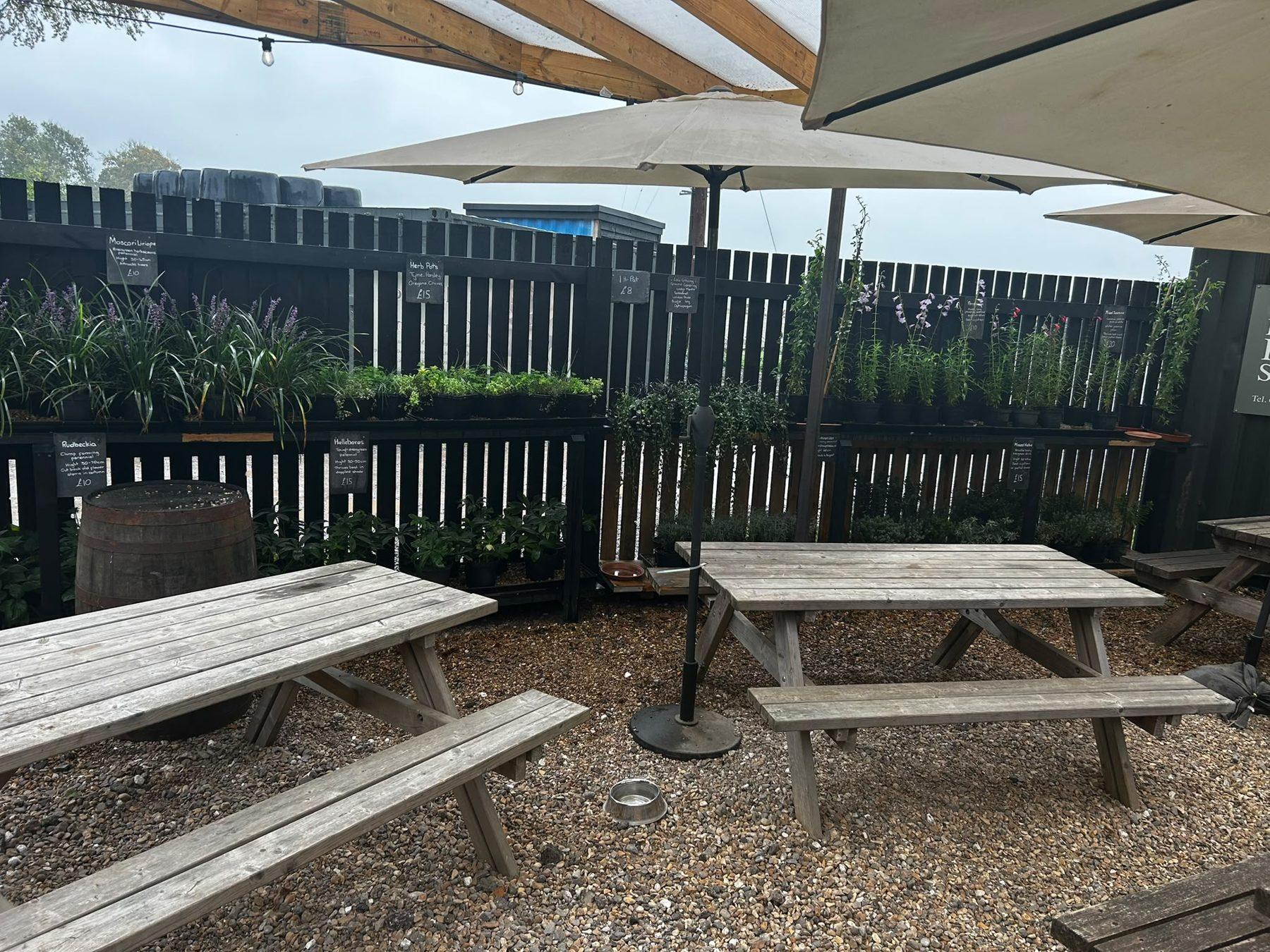 Picnic benches and parasols under the covered roof