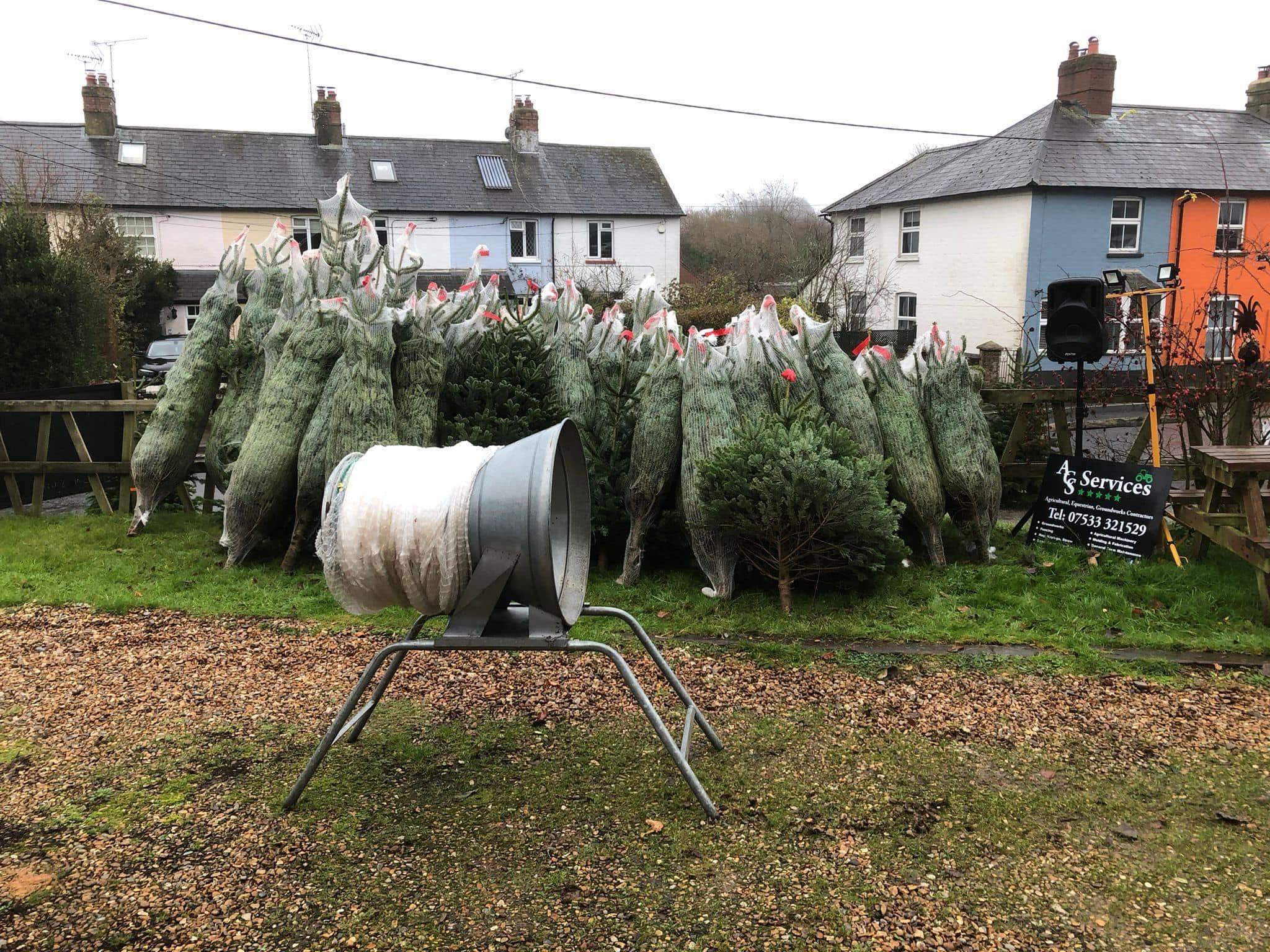 The ACS netting machine in front of a row of netted Christmas trees